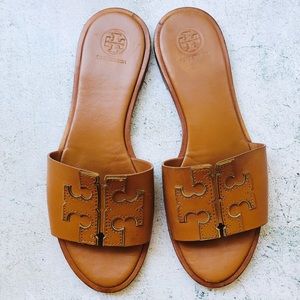 Tory Burch Ines Slide Sandal Tan /Sparkle Gold